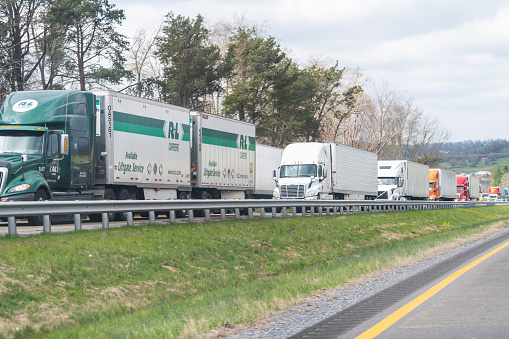 Chilhowie, USA - April 19, 2018: Trucks on highway 81 in Virginia cars standing waiting on spring day in traffic jam