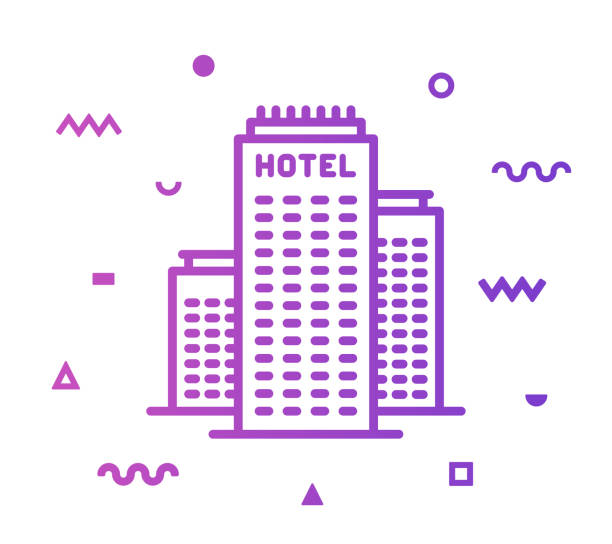 illustrazioni stock, clip art, cartoni animati e icone di tendenza di design dell'icona della linea di costruzione dell'hotel - tourist resort hotel silhouette night