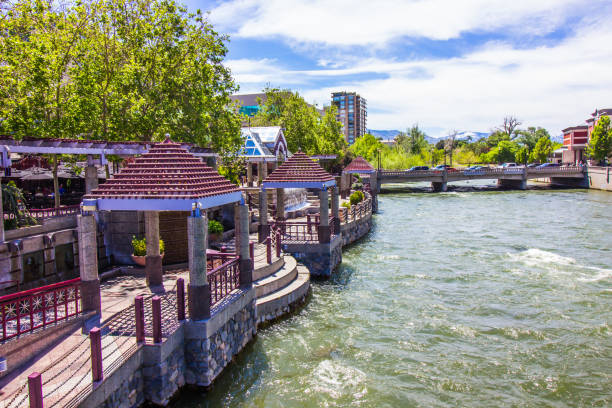 Colorful Pavilions On Truckee River In Reno Colorful Pavilions On River Walk On Truckee River In Reno truckee river photos stock pictures, royalty-free photos & images