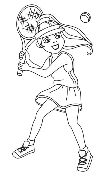 웃는 어린 소녀가 테니스를 하 고 있습니다. 아이 들을 위한 인쇄 색칠 페이지 - tennis child white background sport stock illustrations