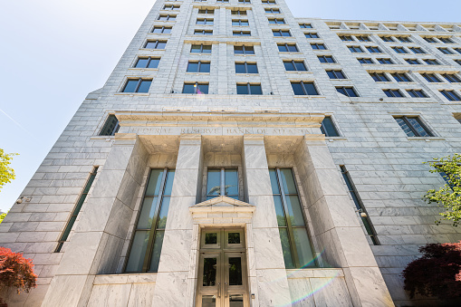 Atlanta, USA - April 20, 2018: Federal Reserve Bank of Atlanta Georgia tower entrance for regulatory, regulation government building in downtown