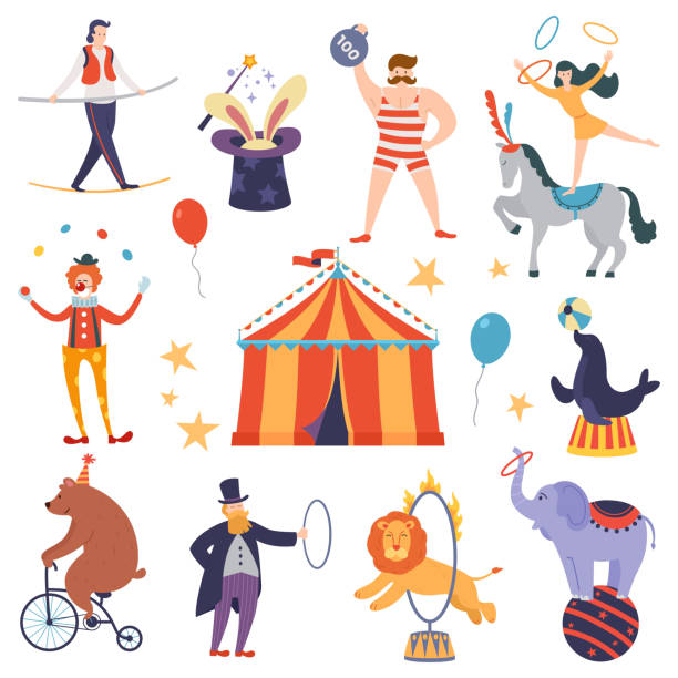 ilustrações de stock, clip art, desenhos animados e ícones de set of circus artists and animals in a flat cartoon style. elements of circus show. fun fair tent. vector illustration. - child horse design symbol