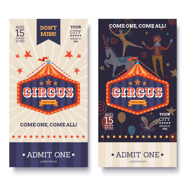 ilustrações de stock, clip art, desenhos animados e ícones de circus ticket template in white and dark colors. circus invitation banner in retro style. colorful sign, tent and characters. funfair poster. vector illustration. - carnival