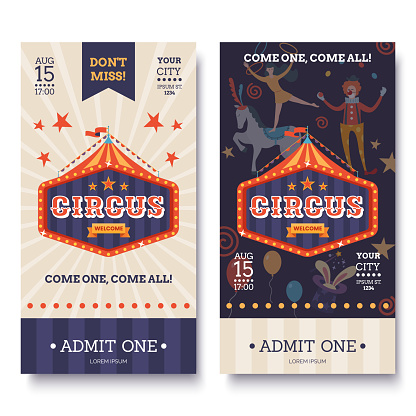 Circus ticket template in white and dark colors. Circus invitation banner in retro style. Colorful sign, tent and characters. Funfair poster. Vector illustration.