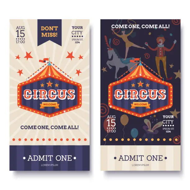 Vector illustration of Circus ticket template in white and dark colors. Circus invitation banner in retro style. Colorful sign, tent and characters. Funfair poster. Vector illustration.