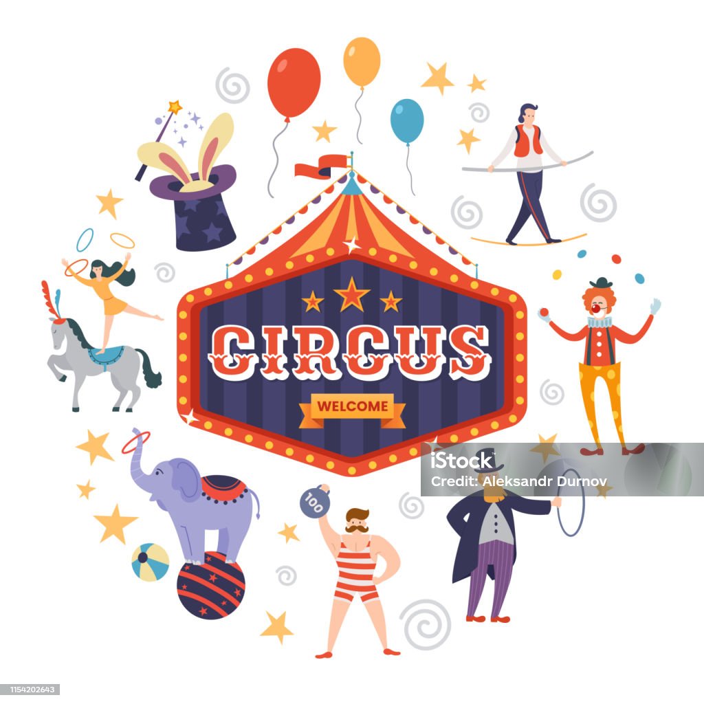 Färgstark cirkus skylt med text, tält och band i retrostil. Roliga cirkus artister och djur. Vektor illustration. - Royaltyfri Cirkus vektorgrafik