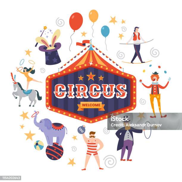 Färgstark Cirkus Skylt Med Text Tält Och Band I Retrostil Roliga Cirkus Artister Och Djur Vektor Illustration-vektorgrafik och fler bilder på Cirkus