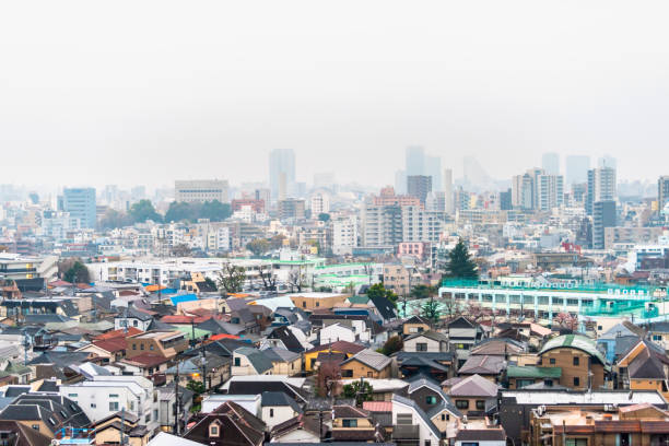 新宿都市の街並み曇り空に多くの家の屋根を持つ曇りの灰色の霧の日に空のビューの建物 - heat haze ストックフォトと画像