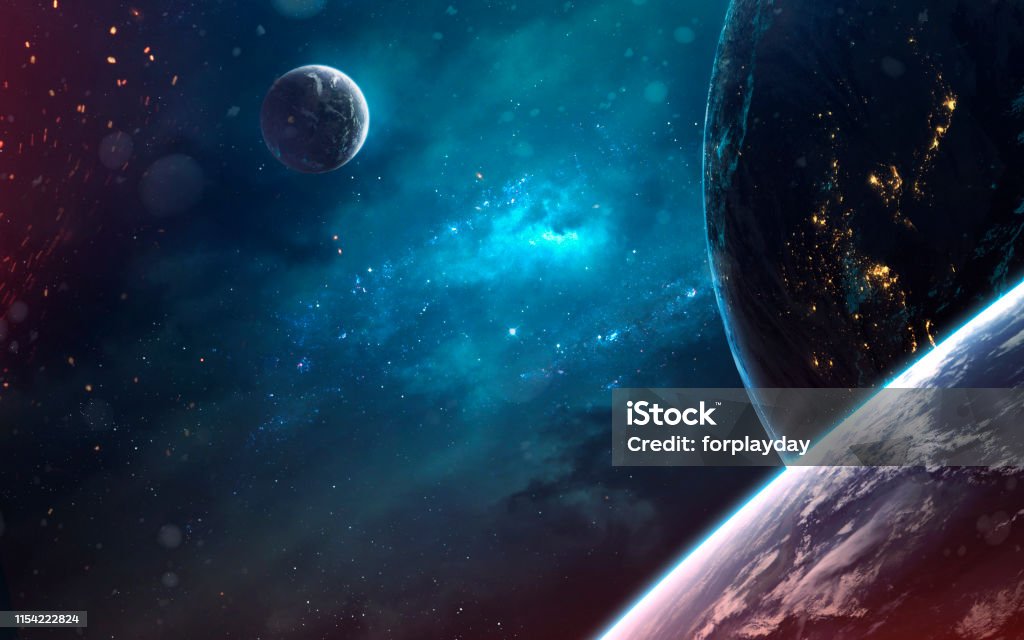 Planets and clouds of star dust . Deep space image, science fiction fantasy in high resolution ideal for wallpaper and print. Elements of this image furnished by NASA Planetarium - Building Stock Photo