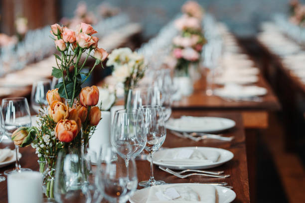 Wedding Decor Rustic Dining table Wedding Decor Rustic Dining table wedding reception photos stock pictures, royalty-free photos & images