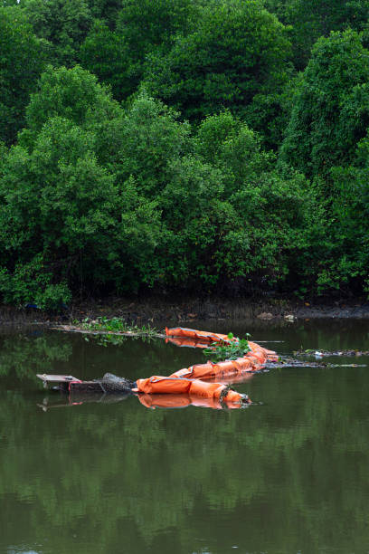 istock Orange garbage collecting net floating in water and mangrove forest 1154252060
