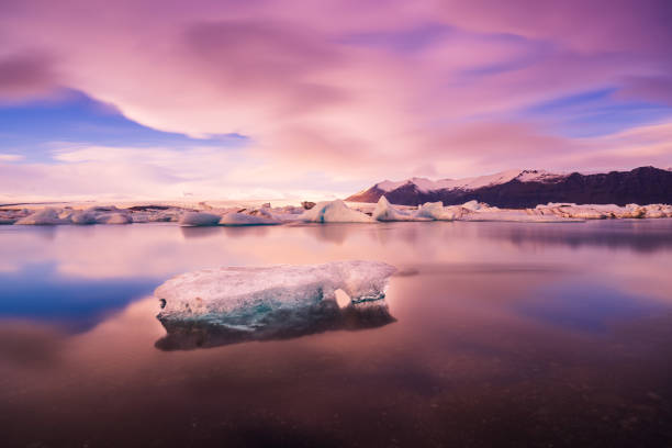 Icebergs in Jokulsarlon glacier lagoon. Vatnajokull National Park, Iceland Summer.Midnight Sun.