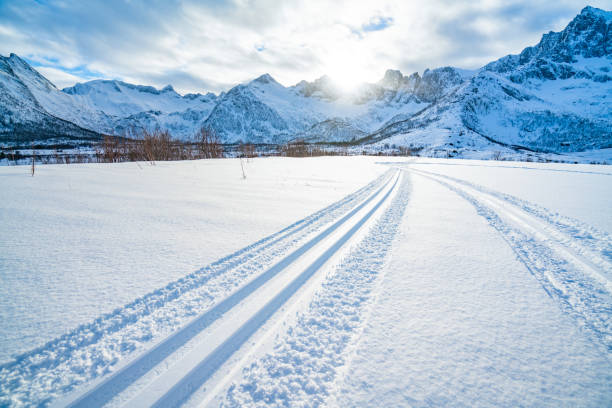 istock Winter sunset view on the road trip 1154254618