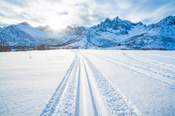 istock Winter sunset view on the road trip 1154254645