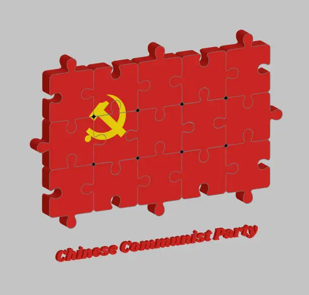 Vector illustration of 3D Jigsaw puzzle of Chinese Communist Party flag, golden hammer and sickle on red color.