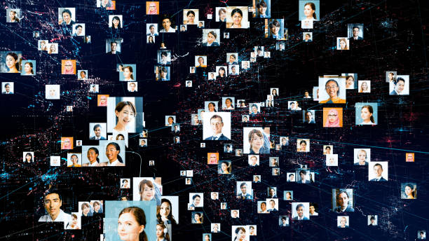 global communication network concept. various ethnic group people. - digitally generated image fotos imagens e fotografias de stock