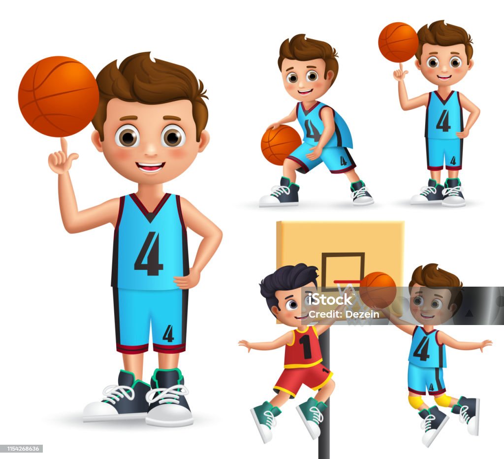 Personaggio Per Bambini Che Gioca A Basket Vector Set Giovane