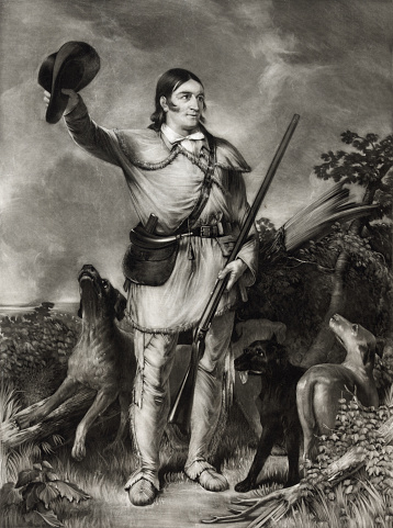 Vintage portrait features Colonel Davy Crockett holding a raccoon skin hat and a rifle, with three dogs. Crockett was an American folk hero, frontiersman, soldier, and politician. He is commonly referred to in popular American culture as the 