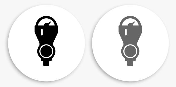 Parking Meter Black and White Round Icon Parking Meter Black and White Round Icon. This 100% royalty free vector illustration is featuring a round button with a drop shadow and the main icon is depicted in black and in grey for a roll-over effect. parking meter white background stock illustrations