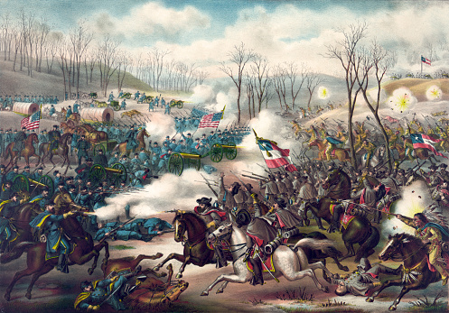 Vintage illustration features the Battle of Pea Ridge, an American Civil War battle fought from May 7 to 8, 1862 between the U.S. Army of the Southwest and the Confederate Army of the West. The battle was fought near Leetown, northeast of Fayetteville, Arkansas and resulted in a Union victory.