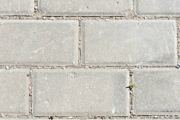 istock Gray paving slabs with green grass sprouts close up. Abstract background 1154283106