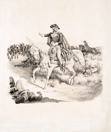 Vintage illustration shows George Washington on horseback at the Battle of Monmouth in 1778. It was fought in New Jersey during the American Revolutionary War.