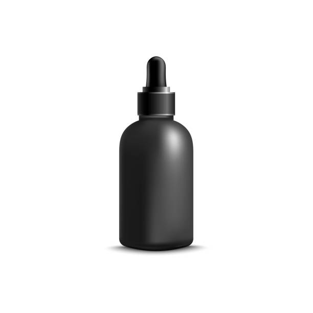 istock Black bottle of liquid face serum with rubber eyedropper cap, realistic blank mockup for cosmetic branding 1154305263