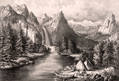 Vintage illustration features Native Americans camping on the banks of a river in Yosemite Valley with Bridal Veil Falls in the background.