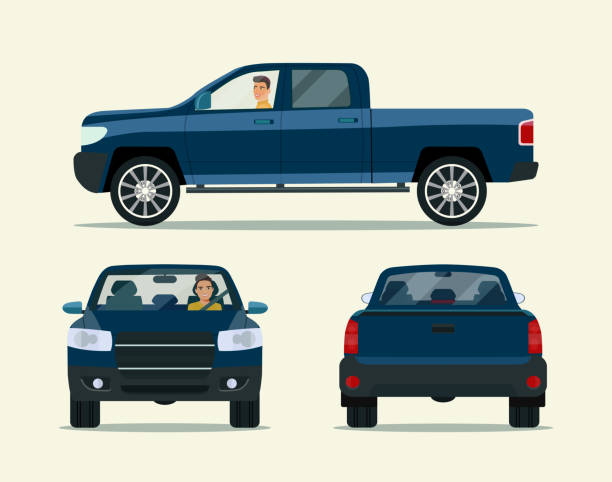 pickup-truck zwei winkel-set. auto mit fahrer mann seitenansicht, rückansicht - pick up truck illustrations stock-grafiken, -clipart, -cartoons und -symbole