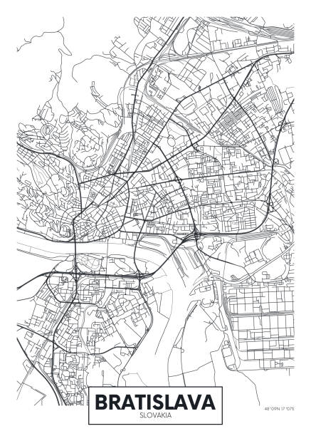 detaildurchführtes vektorplakat stadtplan bratislava - danube river illustrations stock-grafiken, -clipart, -cartoons und -symbole