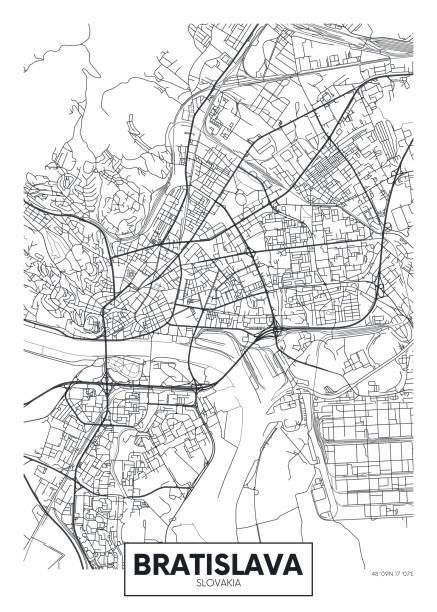 detaylı vektör poster şehir haritası bratislava - slovakia stock illustrations