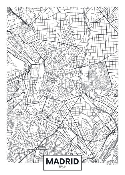 ilustraciones, imágenes clip art, dibujos animados e iconos de stock de mapa detallado de la ciudad de cartel vectorial madrid - skyline madrid