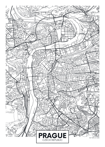 Detailed vector poster city map Prague detailed plan of the city, rivers and streets