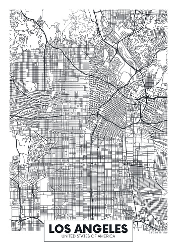 Vector poster map city Los Angeles detailed plan of the city, rivers and streets