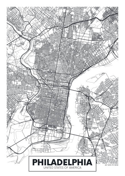 Vector poster map city Philadelphia Vector poster map city Philadelphia detailed plan of the city, rivers and streets philadelphia stock illustrations