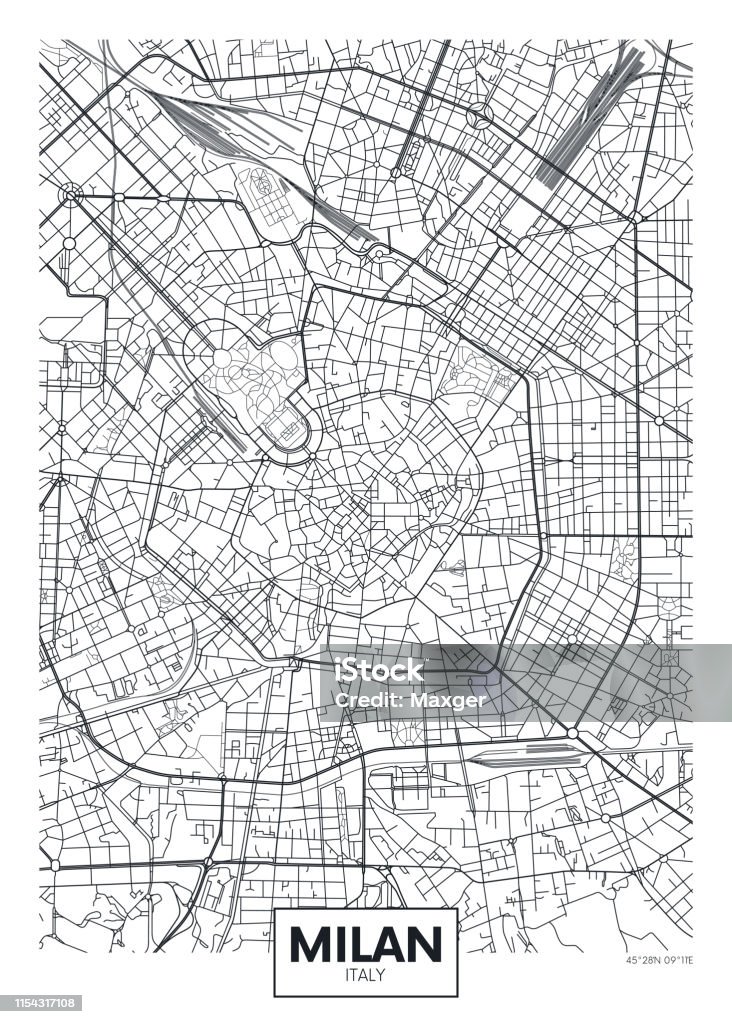 Poster vettoriale dettagliato mappa della città Milano - arte vettoriale royalty-free di Milano