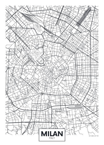illustrazioni stock, clip art, cartoni animati e icone di tendenza di poster vettoriale dettagliato mappa della città milano - milan