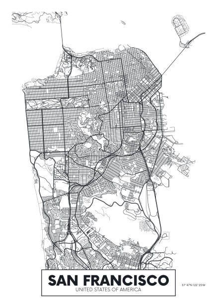 illustrazioni stock, clip art, cartoni animati e icone di tendenza di mappa poster vettoriale città san francisco - skyline silhouette cityscape residential district