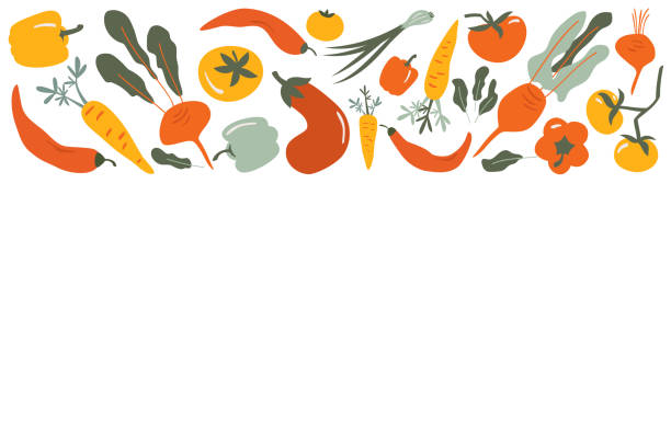 Food vector border frame of Flat hand drawn vegetables Food vector border frame of Flat hand drawn vegetables background for Vegan, farm, eco design chili pepper border stock illustrations