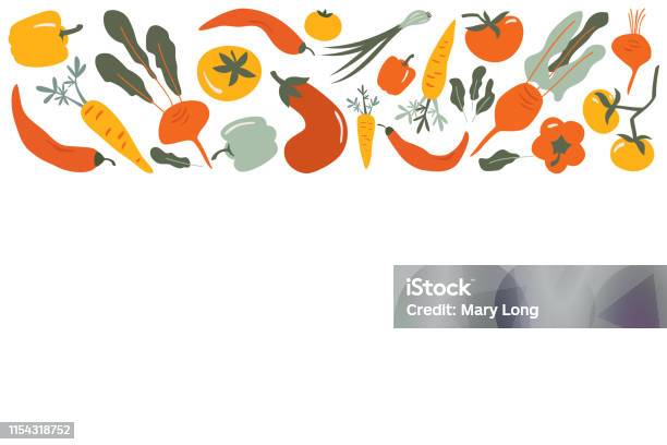 Food Vector Border Frame Of Flat Hand Drawn Vegetables Stock Illustration - Download Image Now