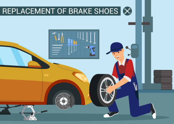 ilustrações, clipart, desenhos animados e ícones de roda nova para o carro amarelo. substituição de calçados. - car workshop service expertise