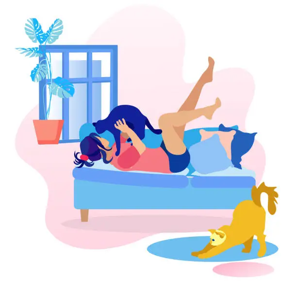 Vector illustration of Woman Lying on Sofa and Playing with Cat Cartoon