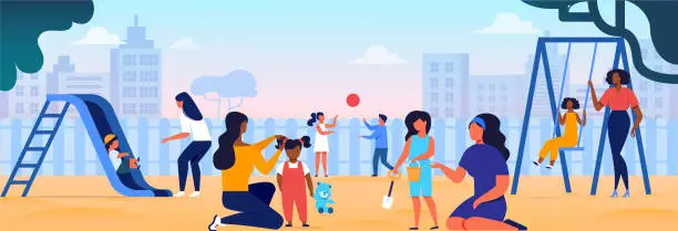 Vector illustration of Women Playing with Kids on Kindergarten Playground