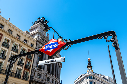 Low angle view of Madrid Metro sign, Sevilla station. Underground sign.