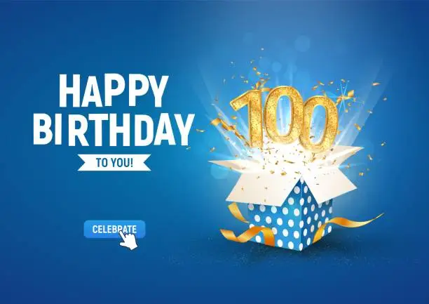 Vector illustration of 100 th years anniversary banner with open burst gift box. Template hundredth birthday celebration and abstract text on blue background vector illustration.