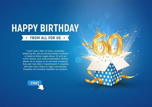 60th years anniversary banner with open burst gift box Template sixtieth birthday celebration and abstract text on blue background vector illustration