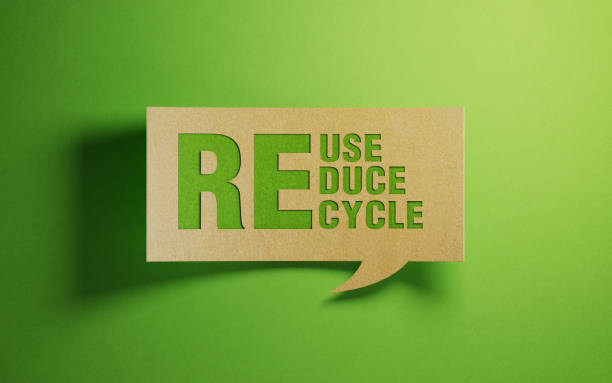 Chat bubble made of recycled paper on green background. Reuse, reduce and recycle writes on the chat bubble. Horizontal composition with copy space.