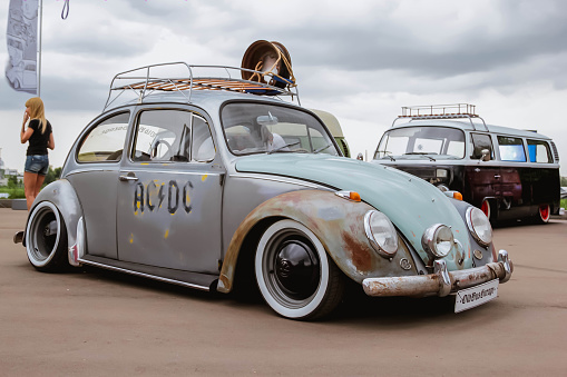 Moscow. Russia - May 20, 2019: Specially aged rat look Volkswagen beetle t1 parked on the street. On the car it is written ACIDC. Modified legendary urban retro car of the first generation.