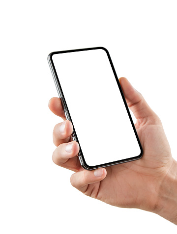 Mano con teléfono inteligente en blanco aislado en blanco photo