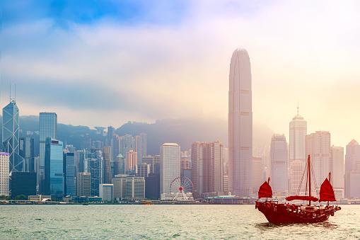 Old Wooden Tourist Junk Ferry Boat In Victoria Harbor Against Famous